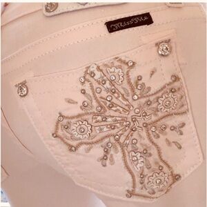 Miss Me Pale Pink Skinny Jeans with Embroidered Cross & Rhinestones